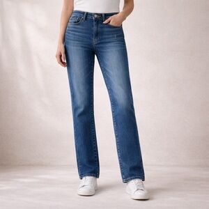 Evereve Trendy Dark Blue Denim High Rise Jeans with Straight Leg Fit Size 25